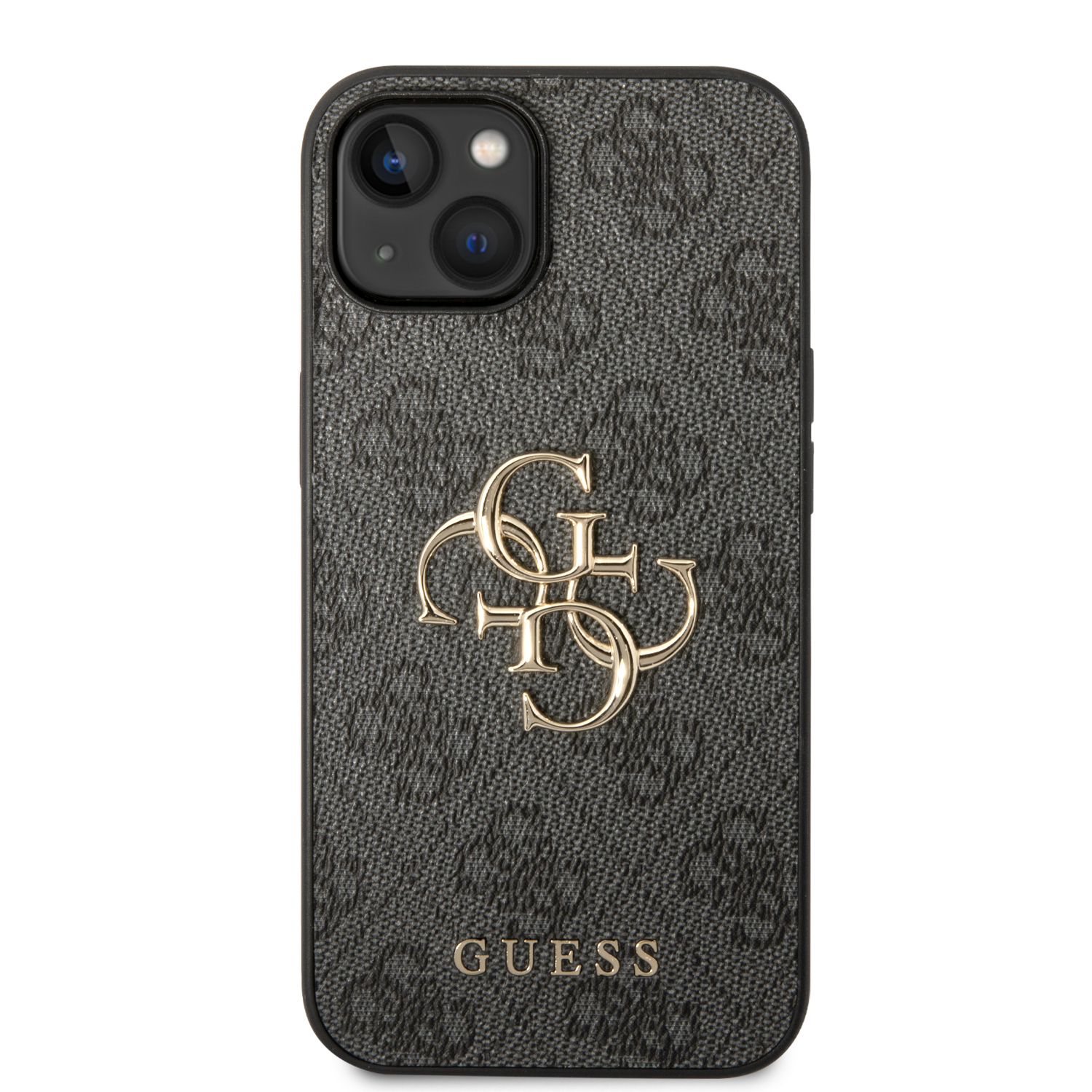 iPhone 14 Leder Hardcase Hülle Metall Logo (GUHCP14S4GMGGR) - Grau / Gold