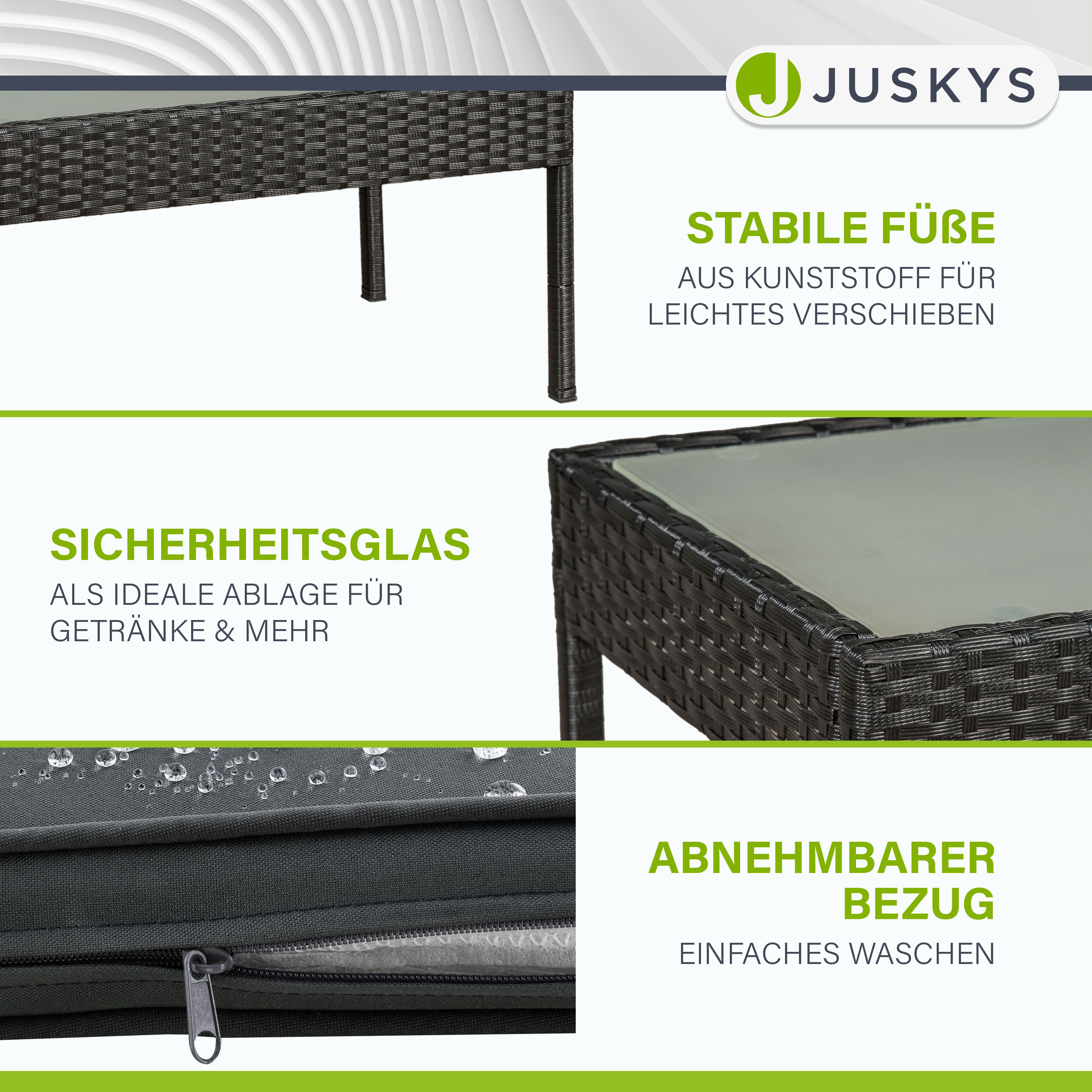 Juskys Polyrattan Balkonmöbel Trinidad schwarz, 4 Personen - Tisch, Bank, 2 Stühle, graue Auflagen