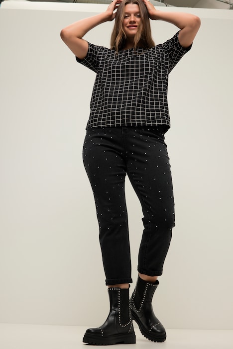 Mom-Jeans, Wide Legs, Strass-Steine, 5-Pocket, Zippfly