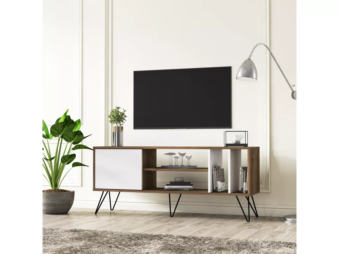 Meuble TV Mistico de 140 cm avec étagères ouvertes et armoire avec le pied en métal (Noyer et Blanc)