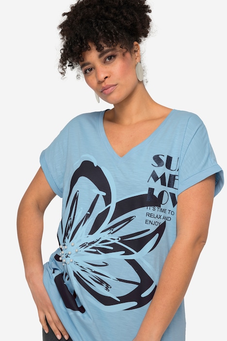 T-Shirt, oversized, XL Blüte, V-Ausschnitt, Halbarm.