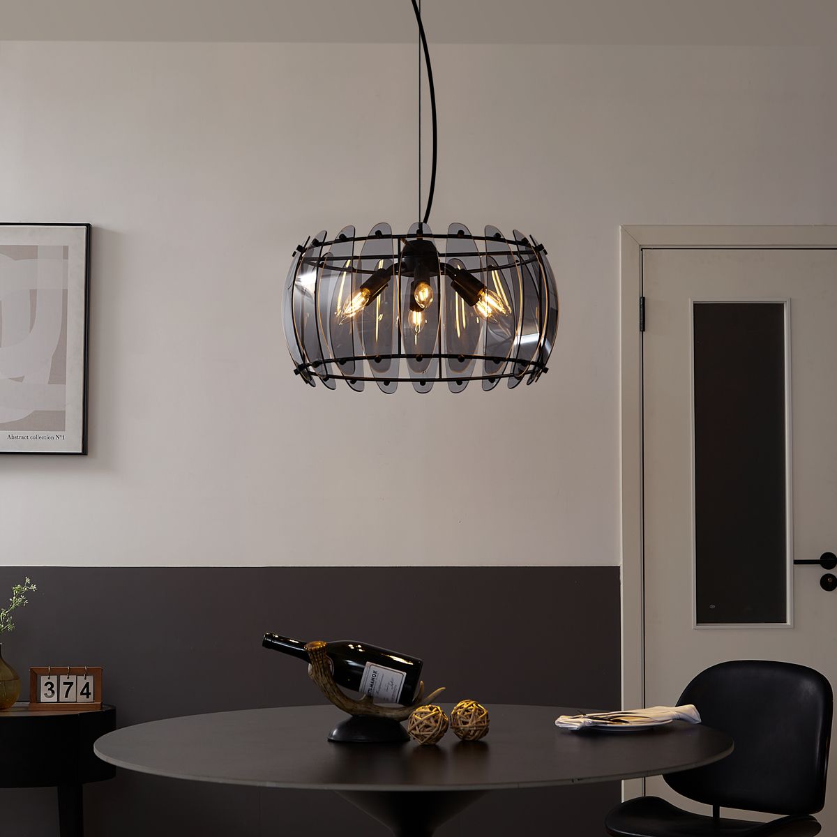 Design hanglamp zwart met smoke glas rond 6-lichts - Mochan