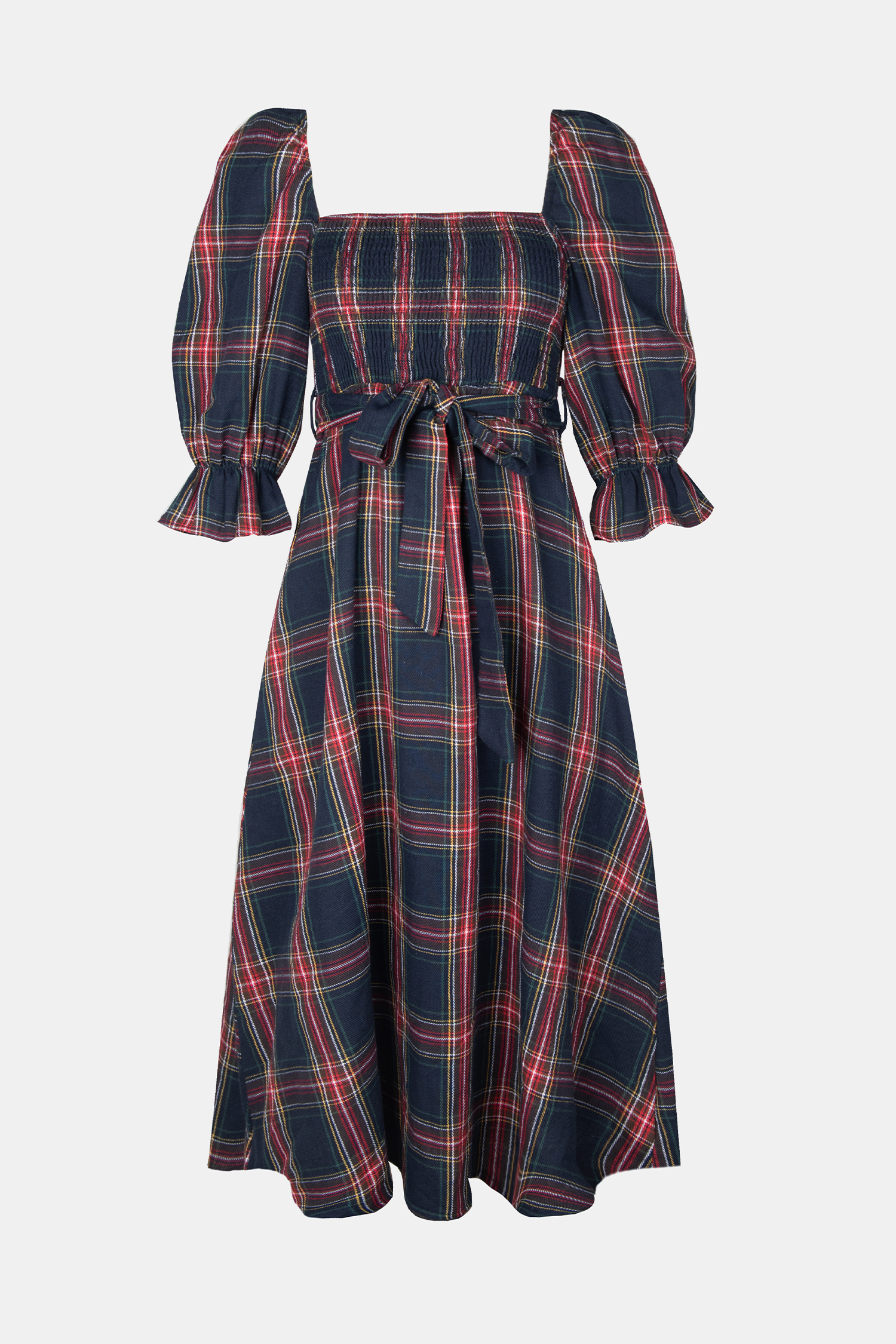 Robe maxi avec ceinture à smocks en carreaux