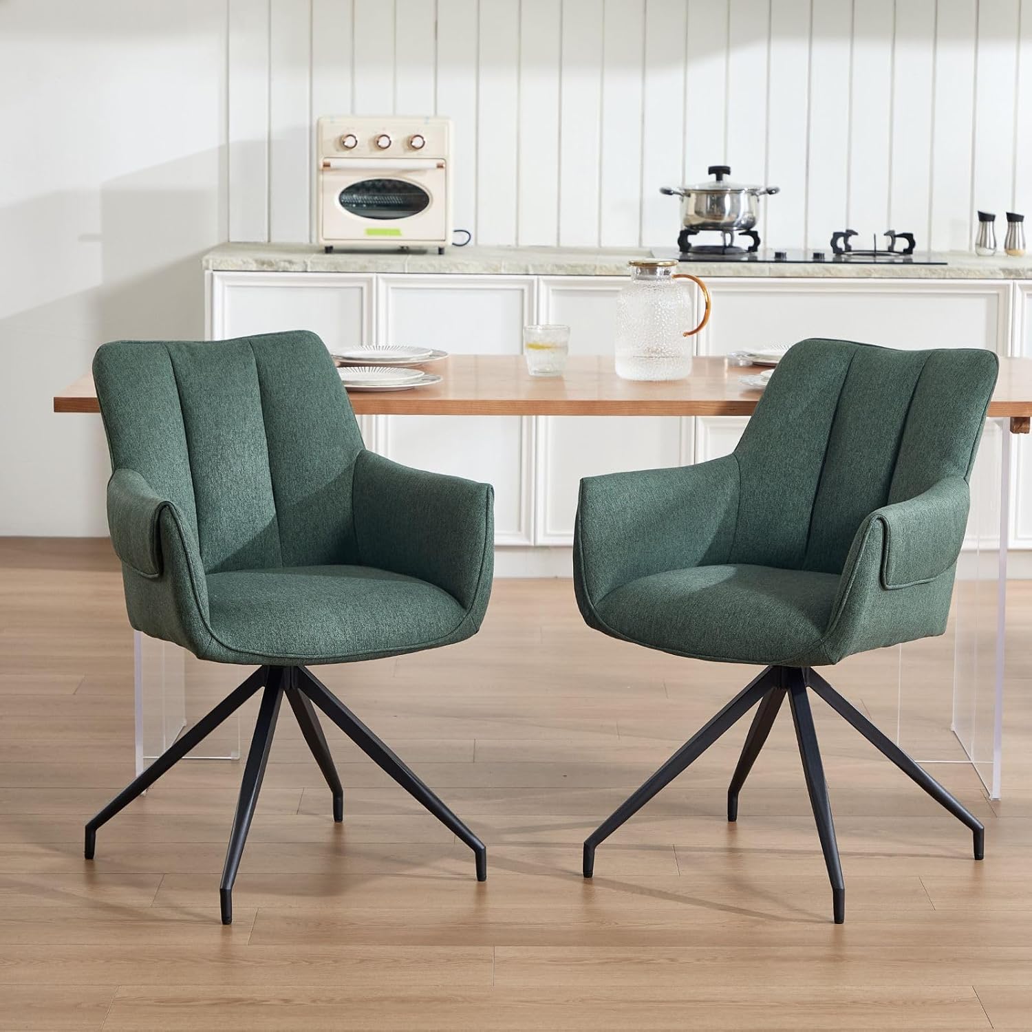 chairus Küchenstühle 2er Set Esszimmerstühle 360° Drehbar, Leinen Polsterstuhl Esszimmer Drehstuhl mit  Armlehne für Küche Wohnzimmer (Grün)