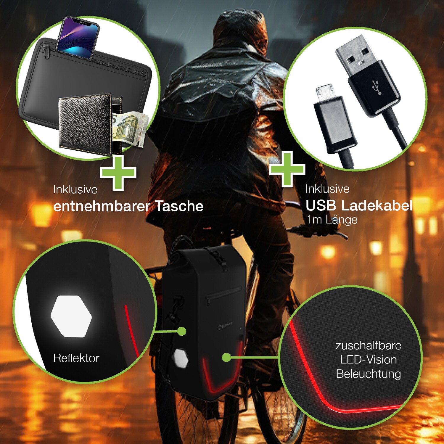 eloneo Fahrradtasche für Laptop wasserdicht mit LED, 28L