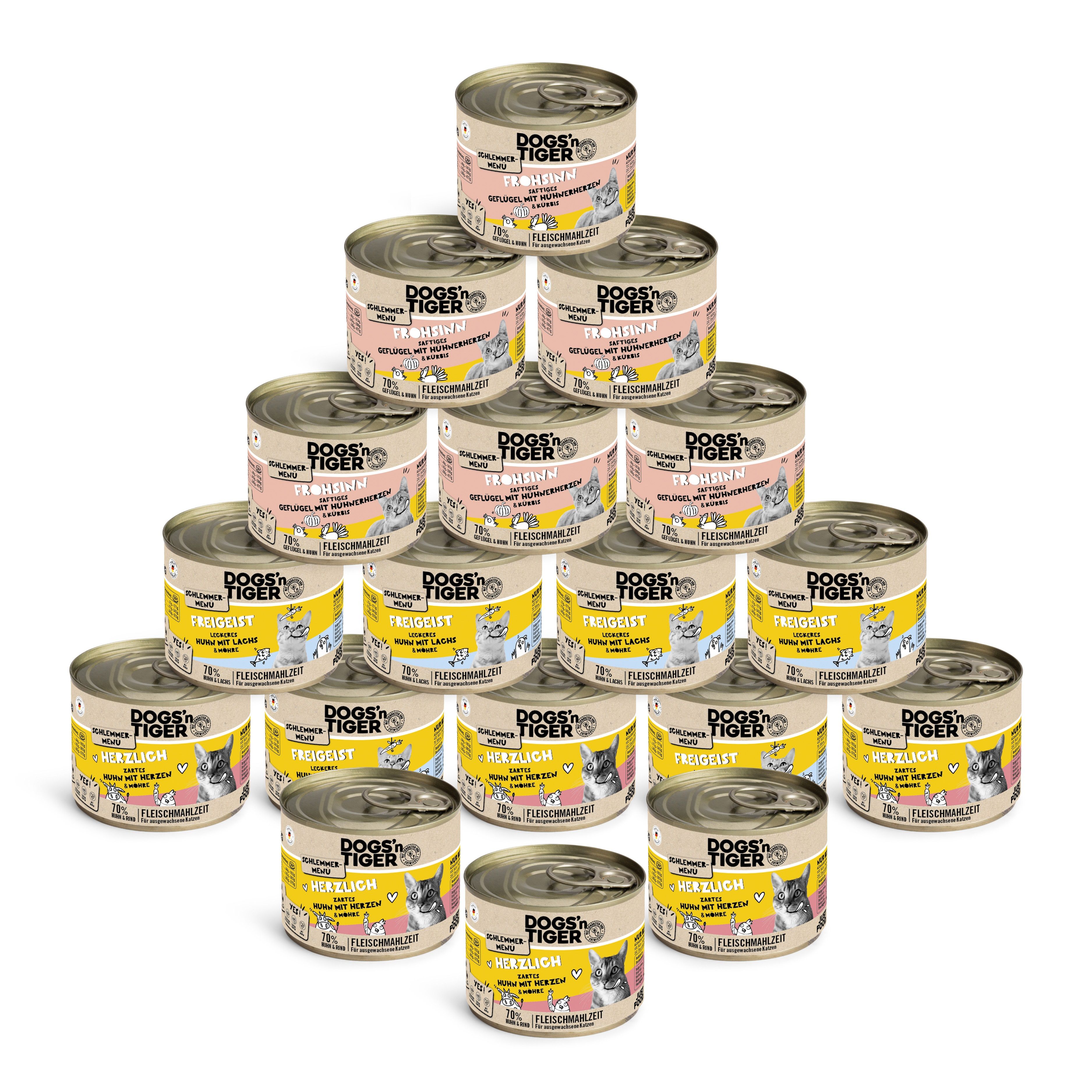 Dogs’n Tiger Adult Katzenfutter, Nassfutter, Schlemmerpaket, Huhn, Geflügel, Lachs, Karotte & Kürbis