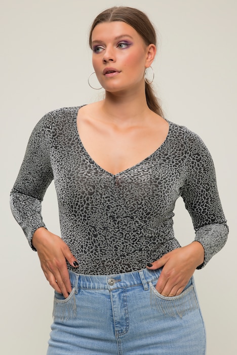 Body, Slim Shape, Leo mit Glitzer, V-Ausschnitt, Langarm