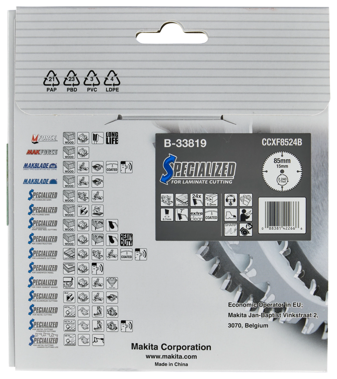 Makita B-33819 Cirkelzaagblad Laminaat - 85 x 15 x 24T - Laminaat