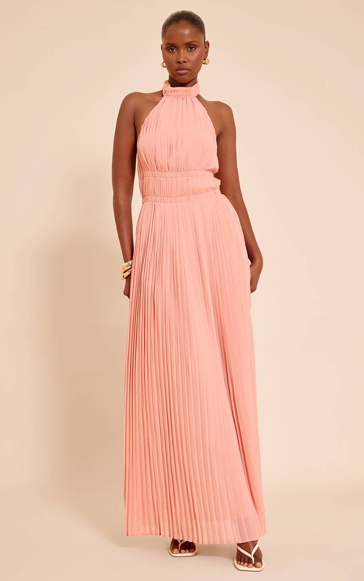 Rose Pâle Robe Longue Plissée Sans Manches À Col Montant Effet Spectaculaire