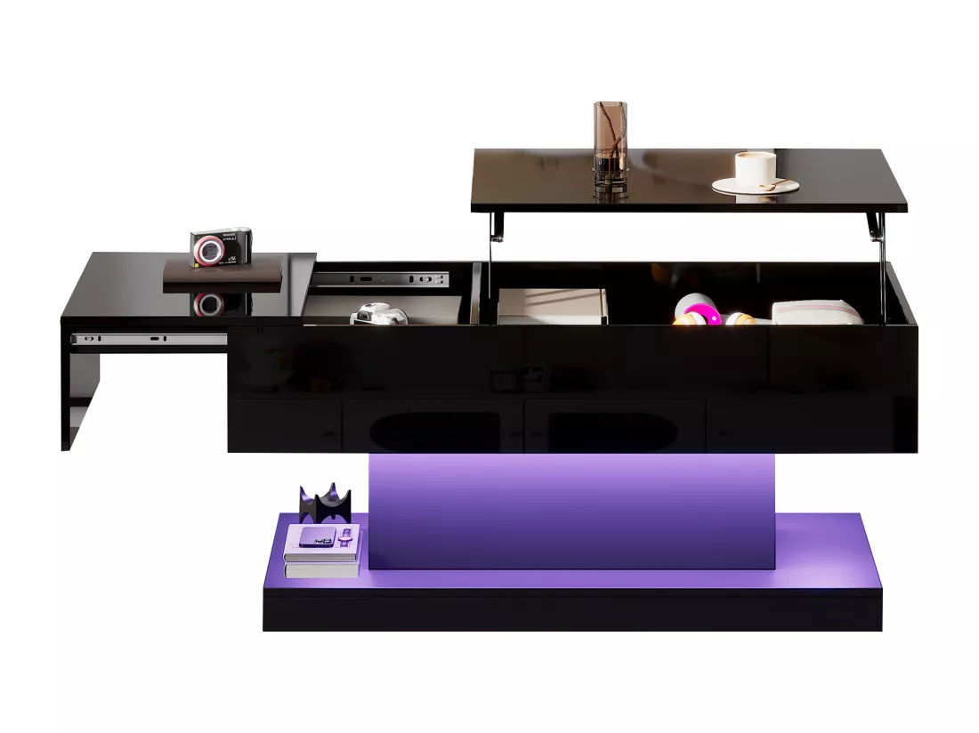 Table basse relevable avec LED - avec espace de rangement et plateau semi-relevable - Noir