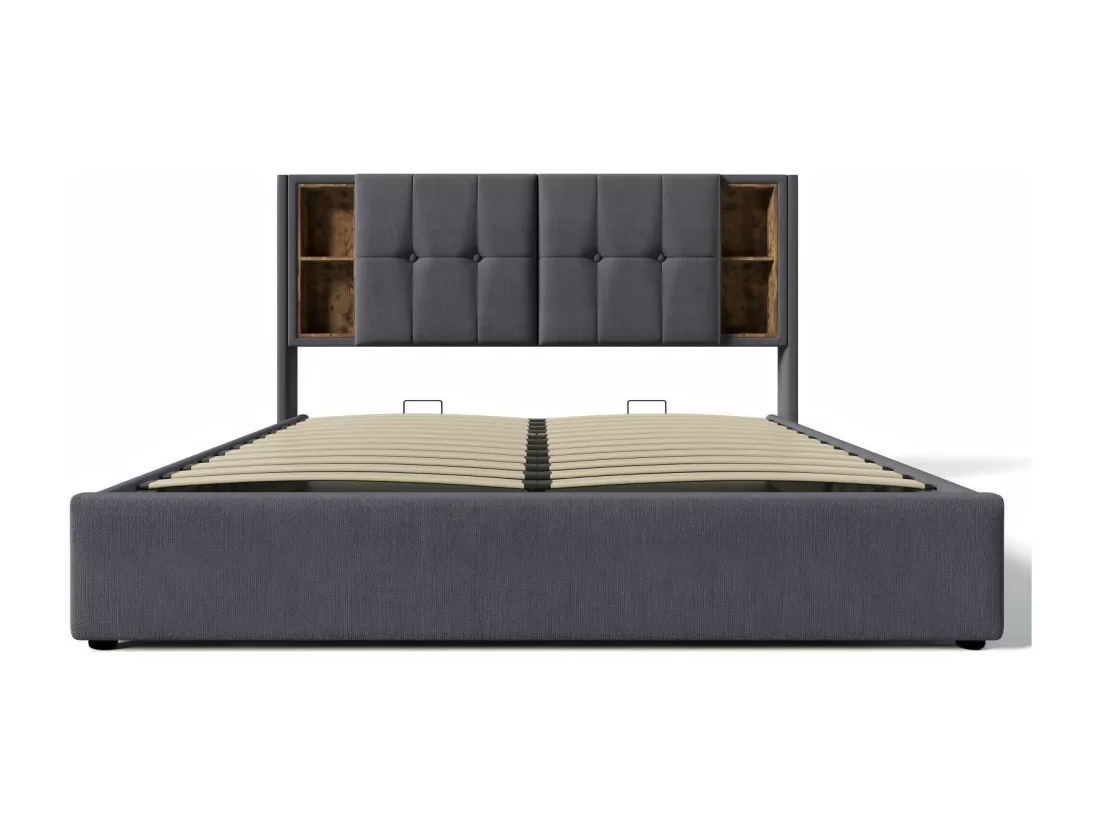 Lit coffre rembourré en coton 2 place, 140x200cm, avec charge sans fil USB et 4 tiroirs, Gris