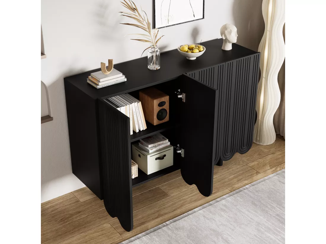 Buffet avec 4 portes profilées - 120 x 37.5 x 80.8 cm - Panneaux de particules - Forme de larme - Noir