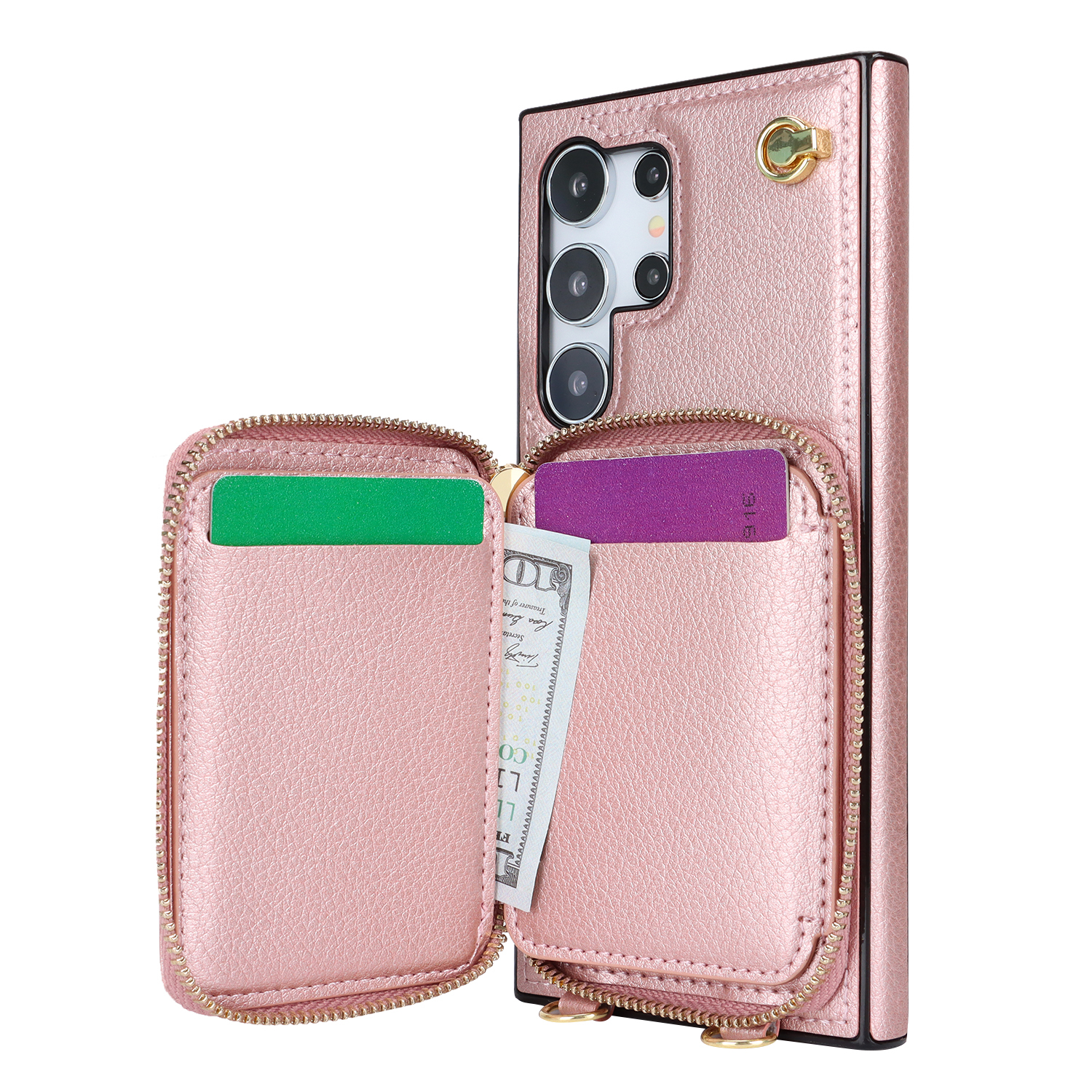 Samsung Galaxy S24 Ultra Necklace Leder Schutz Hülle mit Kartenfächer   Handykette (140cm) - Roségold
