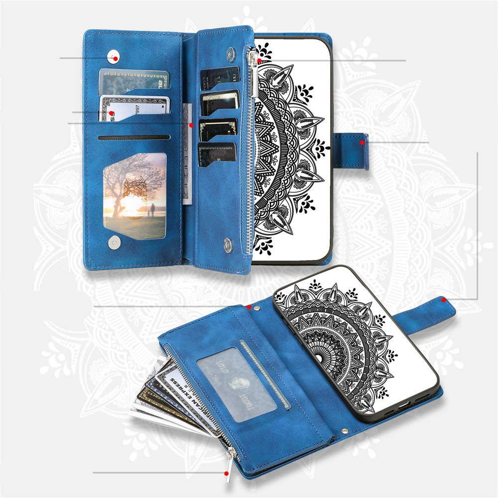 Samsung Galaxy A55 Leder Tasche Flip Cover mit Reissverschluss - Mandala Flowers Imprint - Blau