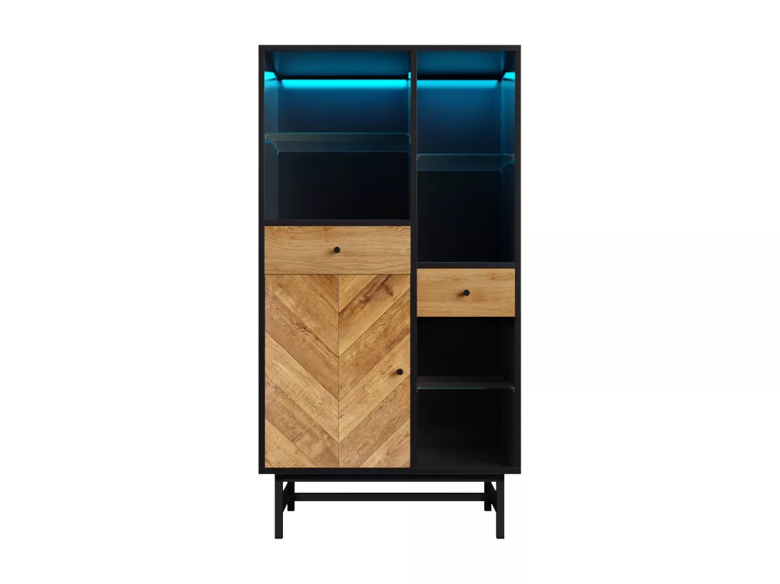 Buffet haut avec LED - 1 porte + 2 tiroirs + 6 compartimentd - Naturel + Noir