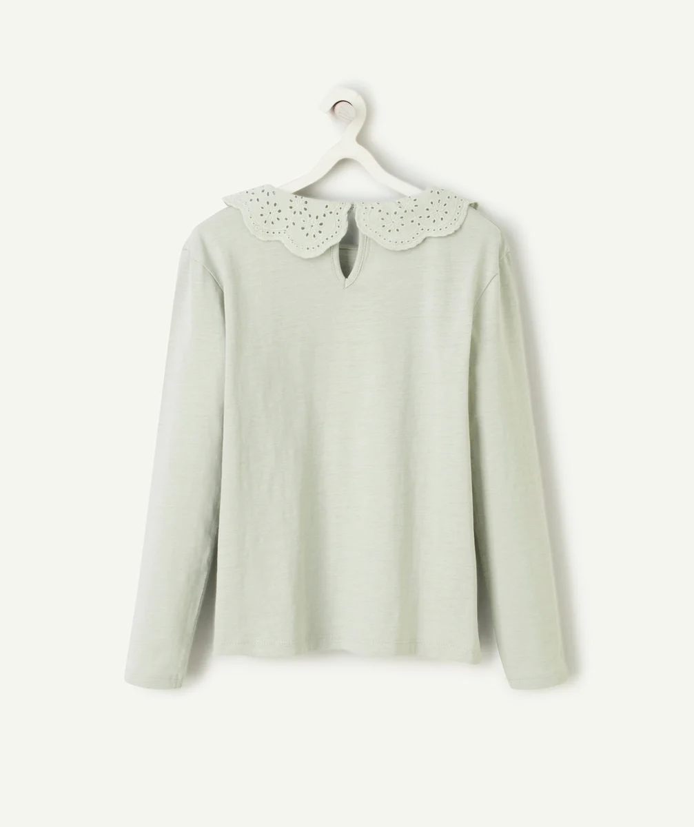 T-SHIRT FILLE EN COTON BIOLOGIQUE VERT AVEC COL CLAUDINE BRODÉ