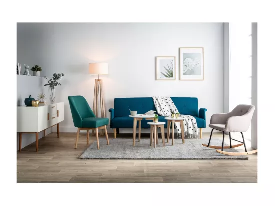 Canapé convertible scandinave 3 places en tissu bleu canard et bois clair OSCAR
