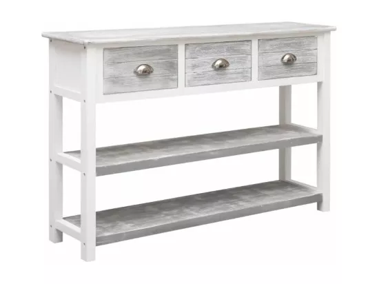 Console 3 tiroirs 2 étagères paulownia blanc et gris Amatar