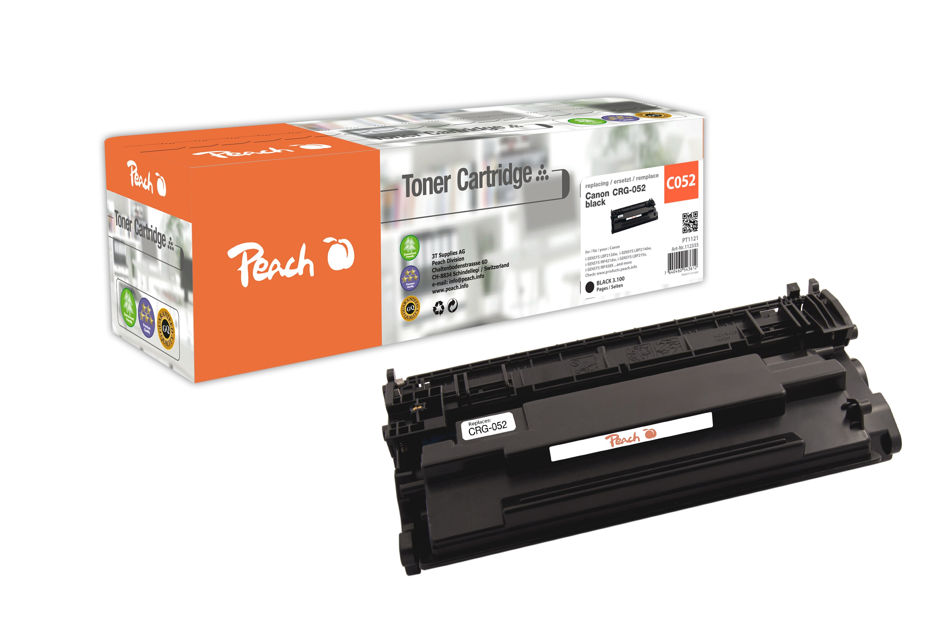 Peach HP 052 bk Toner bk ersetzt Canon CRG-052 bk, 2199C002 für z.B. Canon iSENSYS LBP -210, Canon iSENSYS LBP -212 dw, Canon iSENSYS LBP -214 dw (wiederaufbereitet)