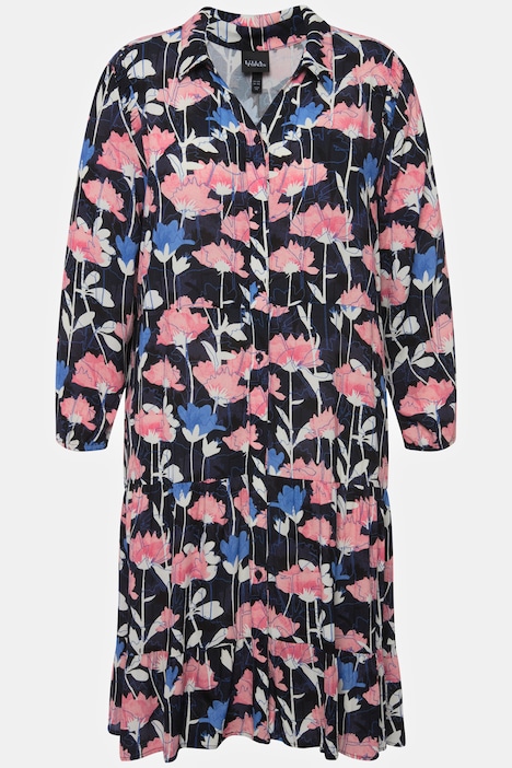 Midikleid, Aquarellblumen, Hemdkragen, Langarm