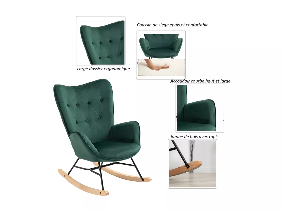 MEUBLES COSY Fauteuil à Bascule Allaitement Rocking Chair Scandinave Chaise Loisir Revêtement en Velours avec Pieds en Bois Massif pour Salon, Chambre, Le Balcon, Vert