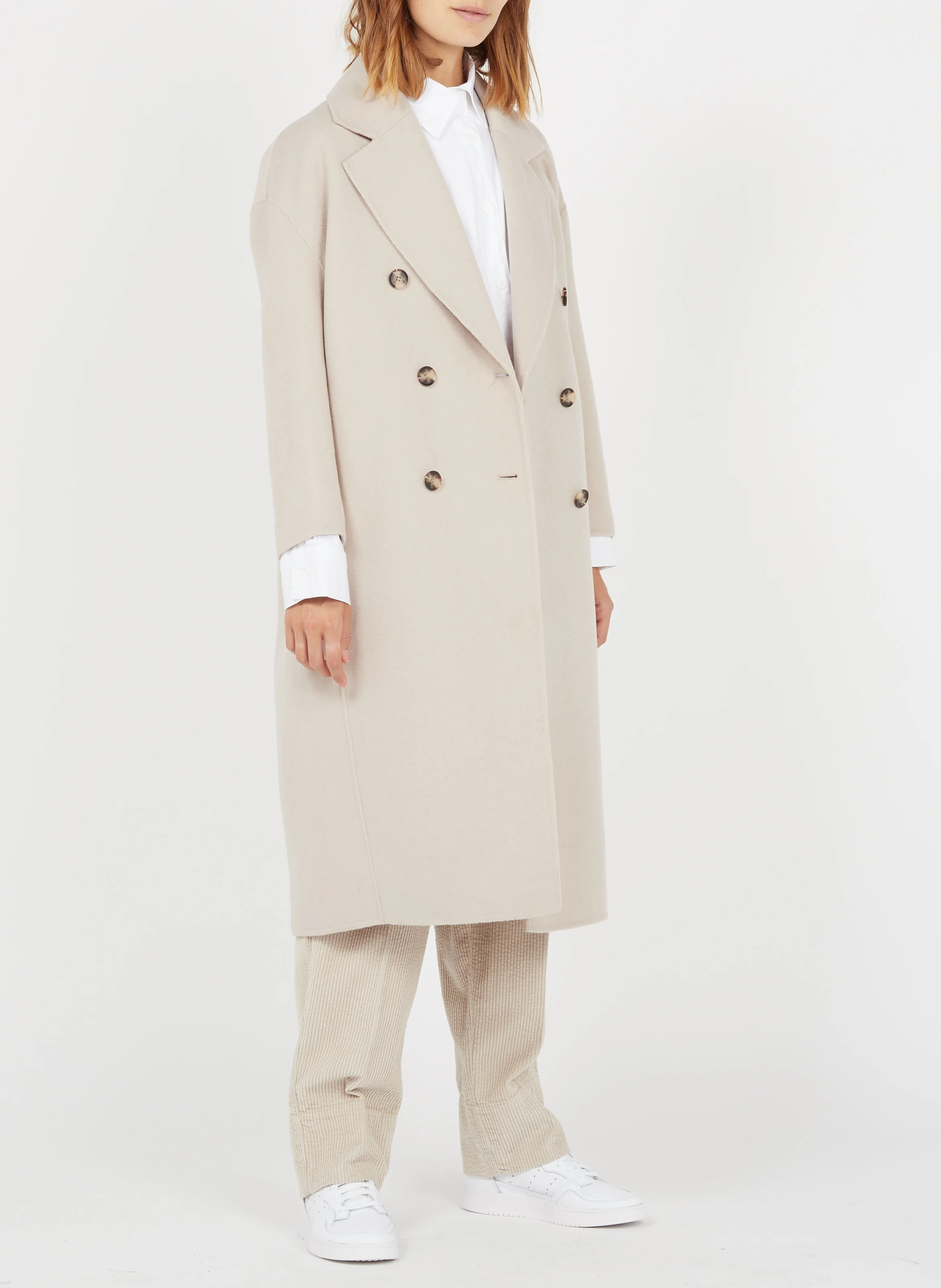 PADOW - Pantalon large taille haute en velours côtelé | Beige