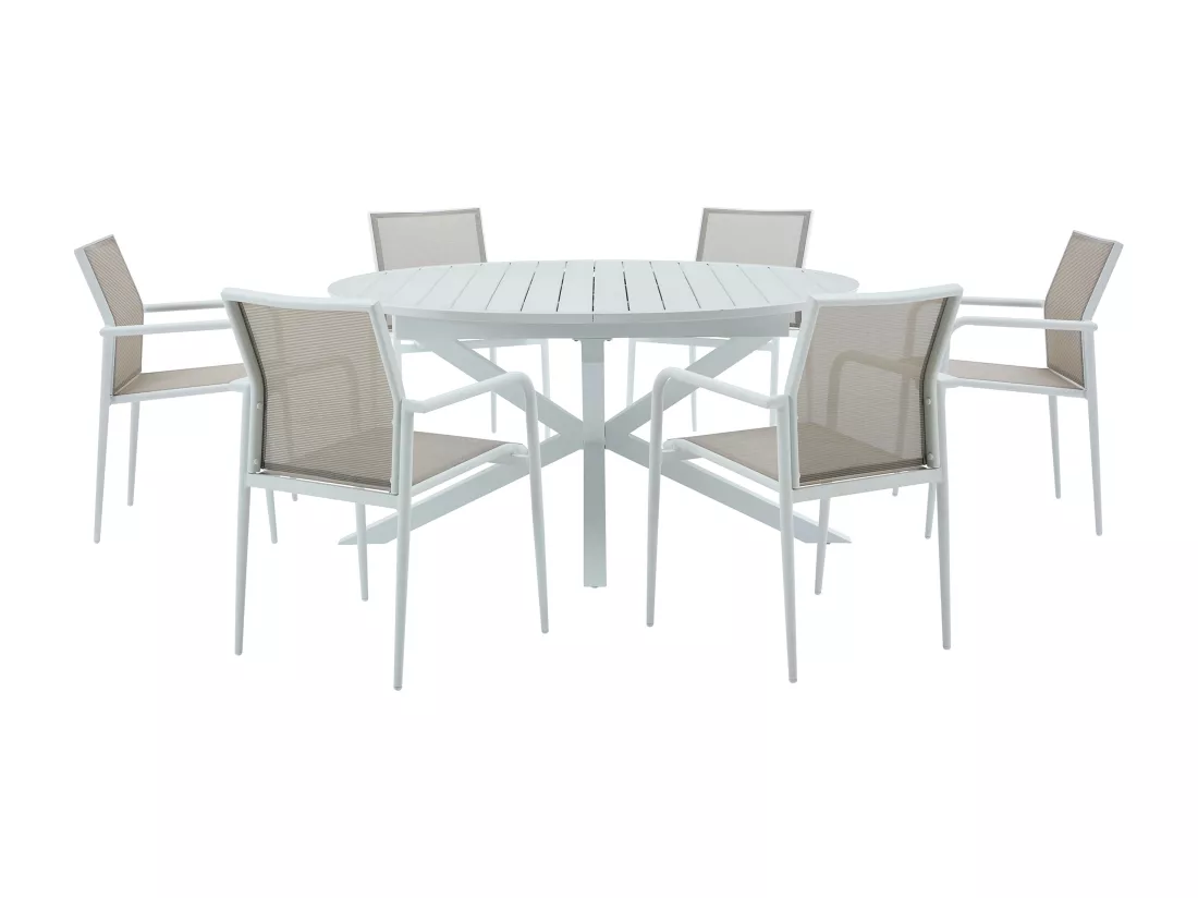 Salle à manger de jardin en aluminium : une table extensible L.150/200 cm et 6 fauteuils empilables - Gris clair et blanc - YOHA de MYLIA