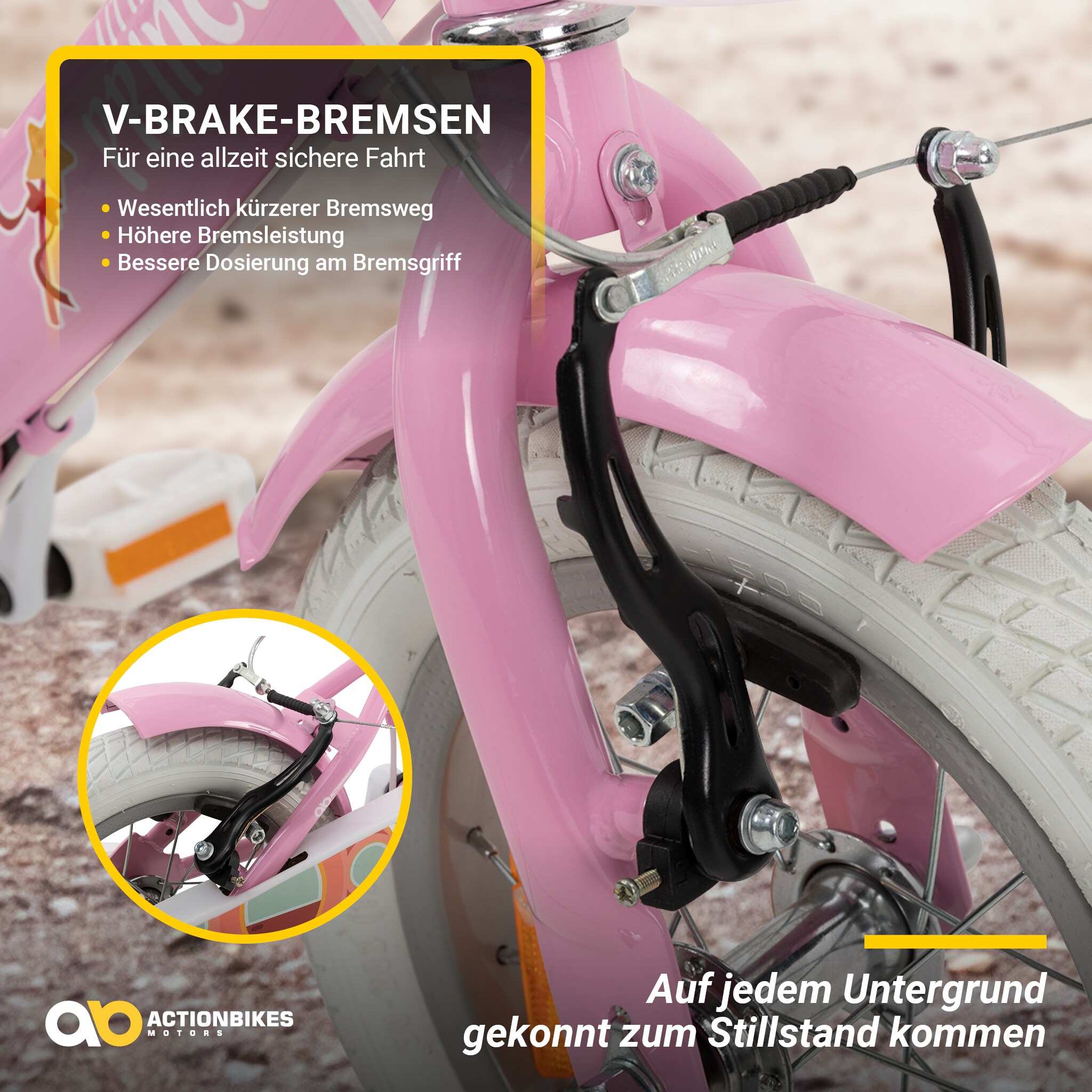 Actionbikes Kinderfahrrad Princess, 12 Zoll, rosa, V-Brake-Bremsen, Prinzessinnen-Design, Stützräder
