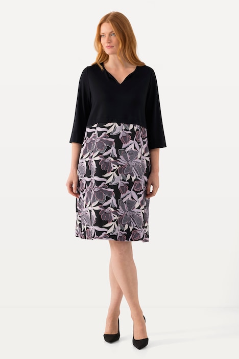 Kleid, Materialmix, Tunika-Ausschnitt, 3/4-Arm