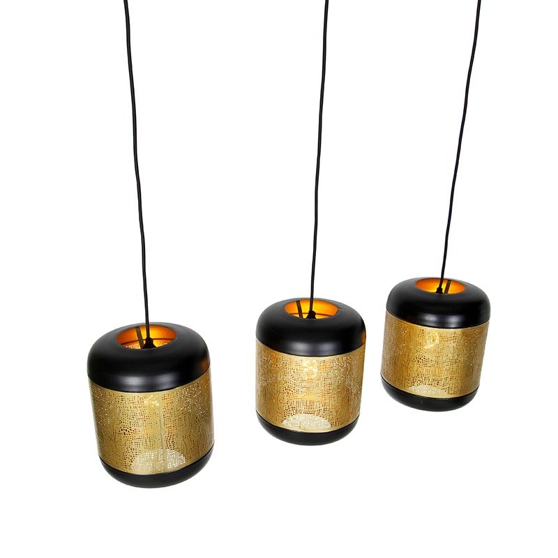 Vintage hanglamp zwart met messing langwerpig 3-lichts - Kayleigh