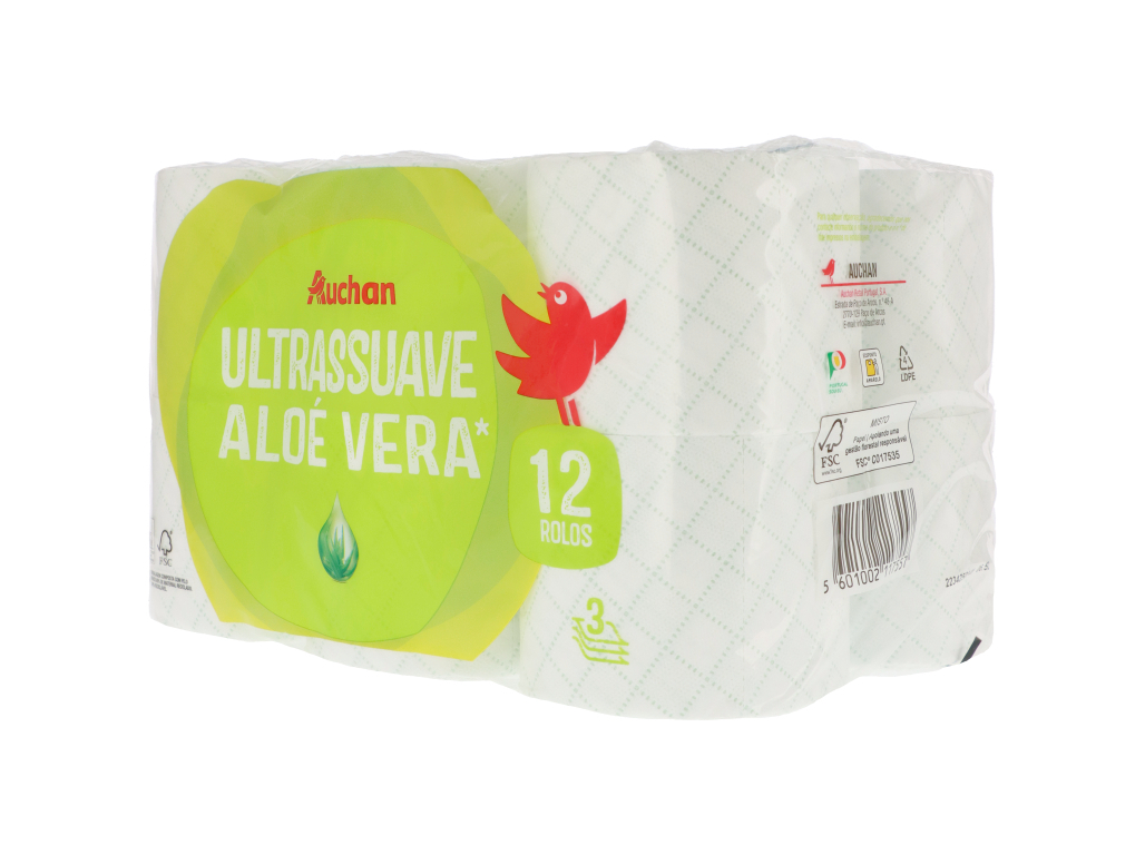 PAPEL HIGIÉNICO AUCHAN ULTRASSUAVE ALOÉ VERA 3 FOLHAS 12 ROLOS