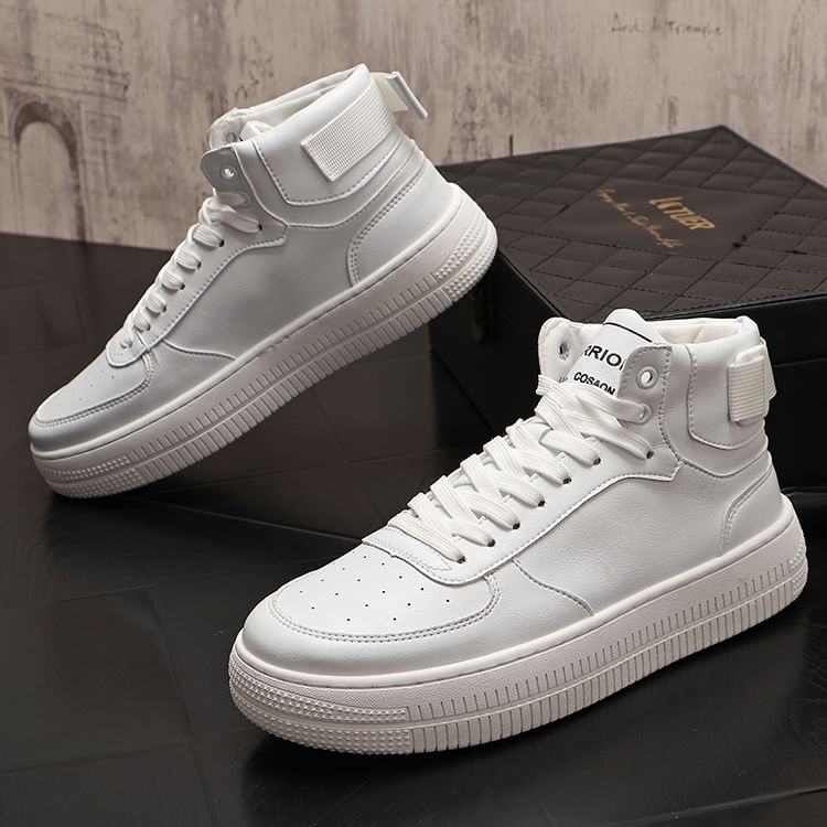 Mr Ozera - Platform Plain Lace-Up Faux Leather High Top Sneakers