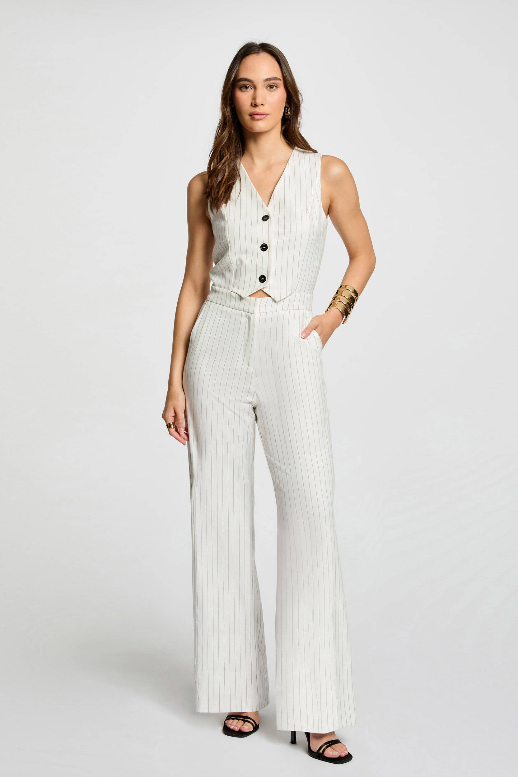 Morgan jumpsuit met krijtstreep ecru/ zwart