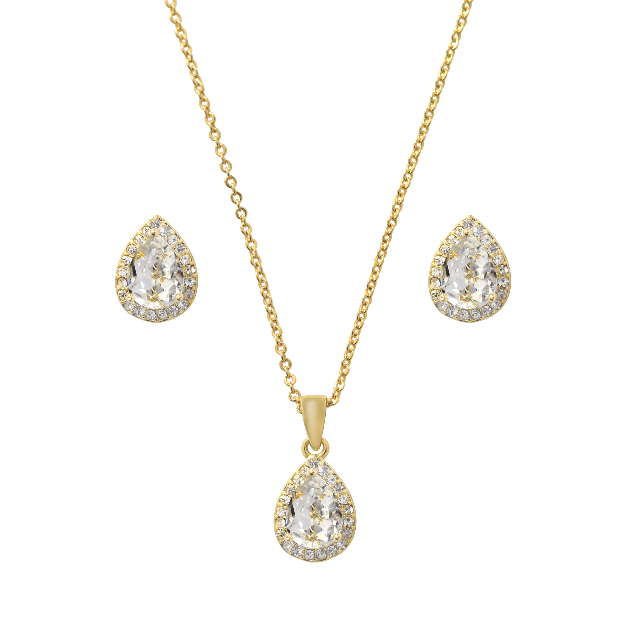 (3-tlg. Set) 14K Gold Damen Halskette / Ohrstecker mit Teardrop Strass Stein Anhänger - Gold