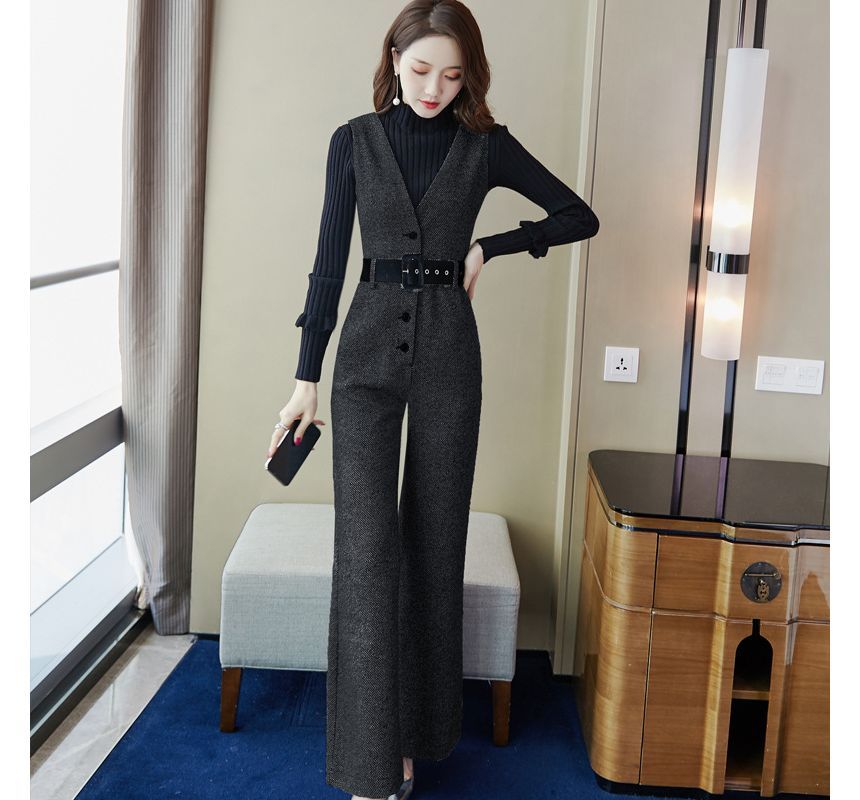 Lewwe - T-shirt met lange mouwen en mockneck en strepen / Mouwloze V-hals jumpsuit / Set
