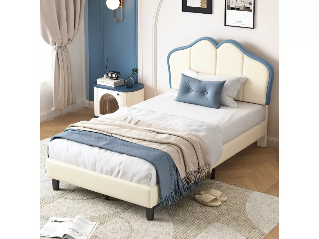 Lit enfant 90x200 cm, avec bords de protection souples, tête de lit élégante, PU, blanc + bleu