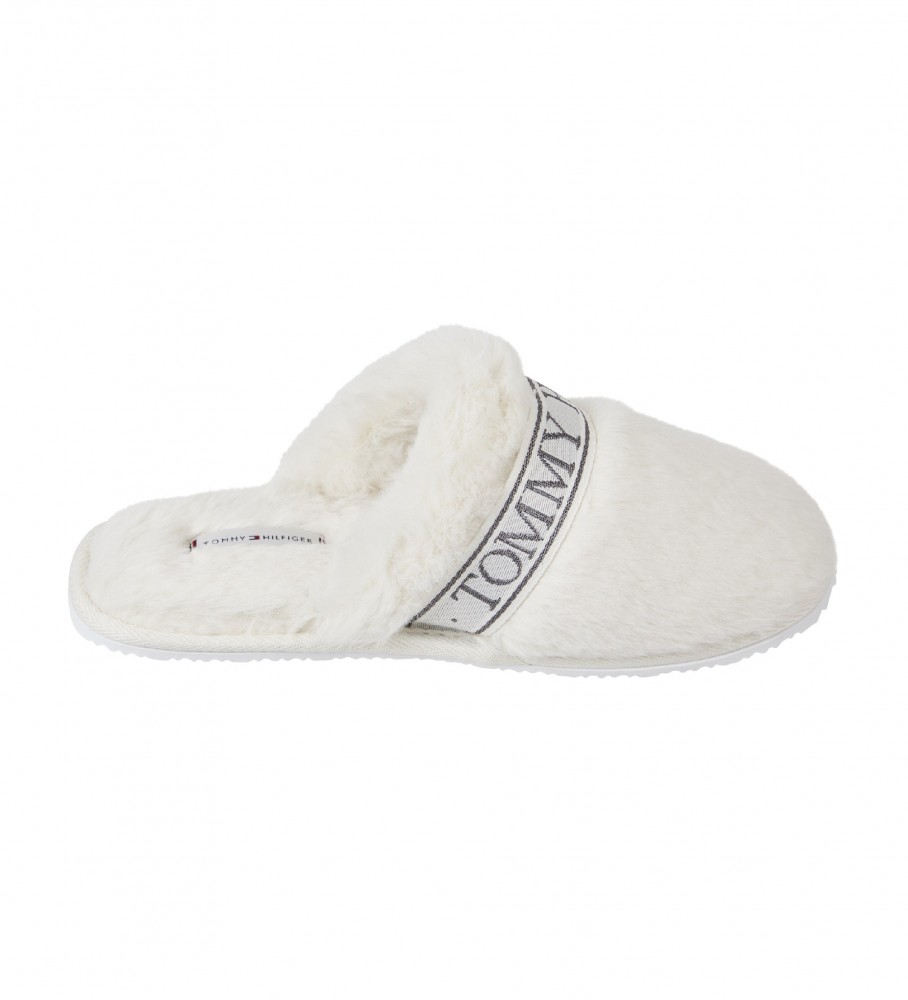 Chinelo de hotel Tommy Hilfiger com forro de pele, branco.