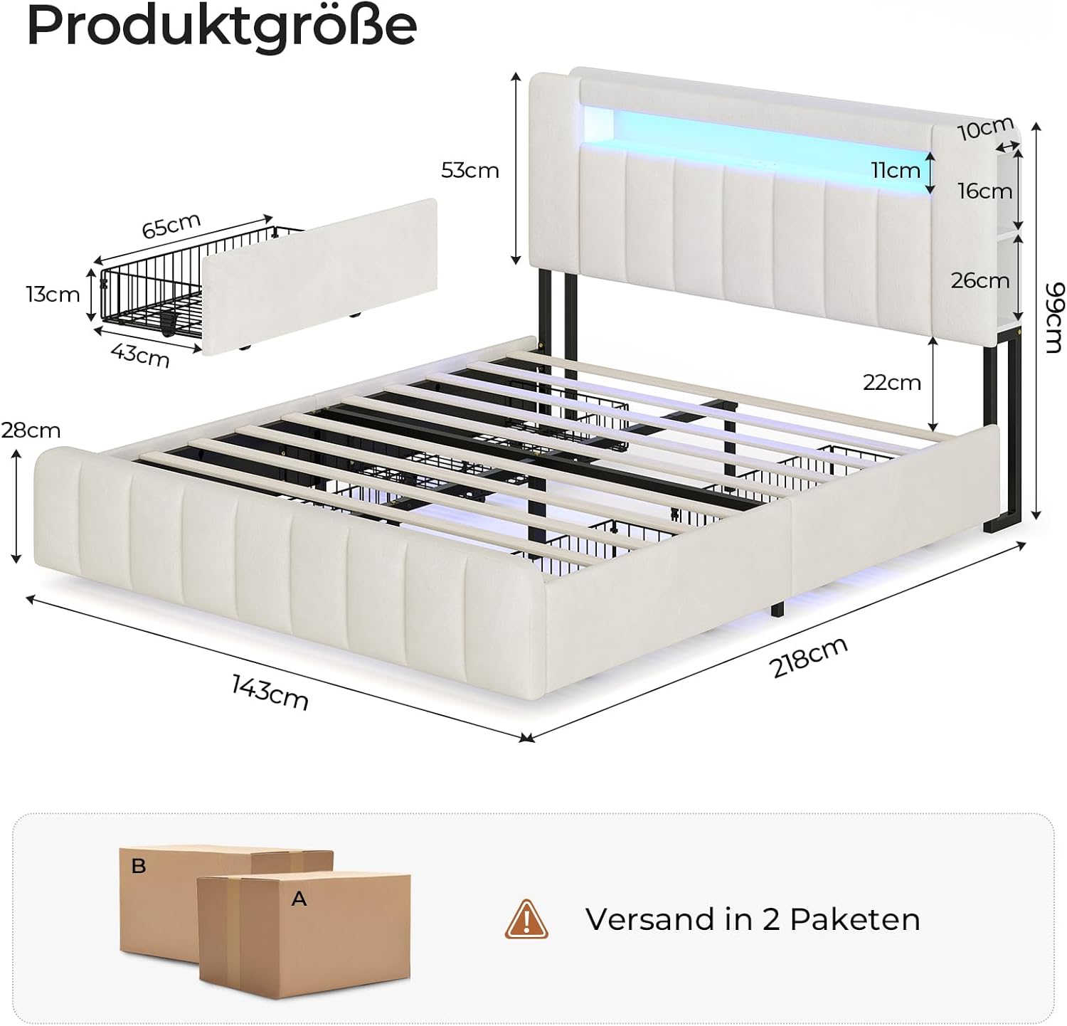 AOGLLATI Polsterbett 140x200 cm mit Stauraum - 4 Schubladen Jugendbett mit LED-Beleuchtung & Ladestation,Doppelbett mit Kopfteil aus Samt Bett 140x200 mit Lattenrost-ohne Matratze,Beige Samt