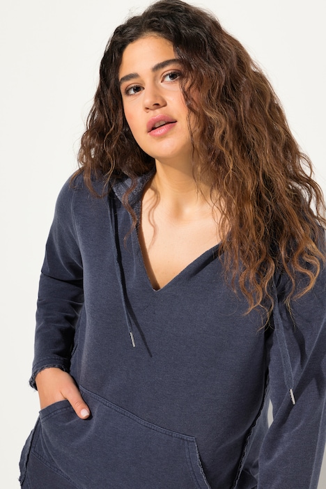 Hoodie, offenkantig, Kapuze, V-Ausschnitt, Langarm