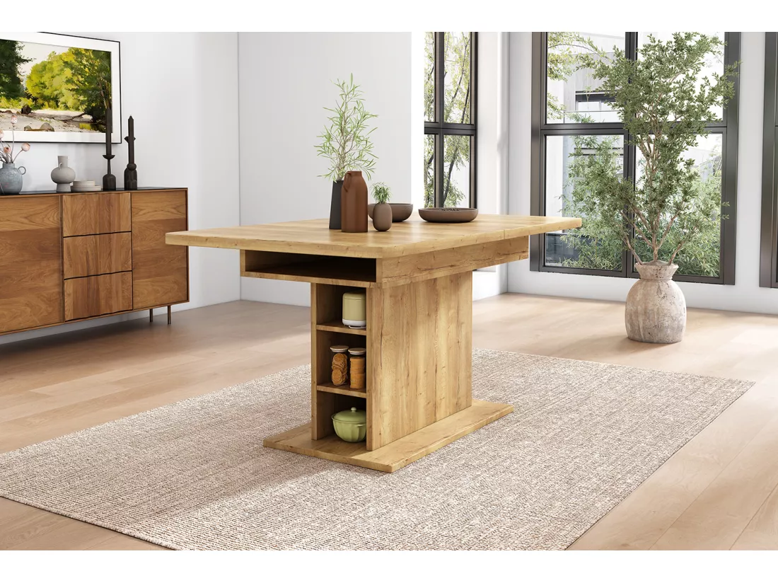 Table à manger extensible 4 à 6 couverts avec étagères de rangement - 110/130 x 70 x 75 cm - Panneaux de particules - Naturel