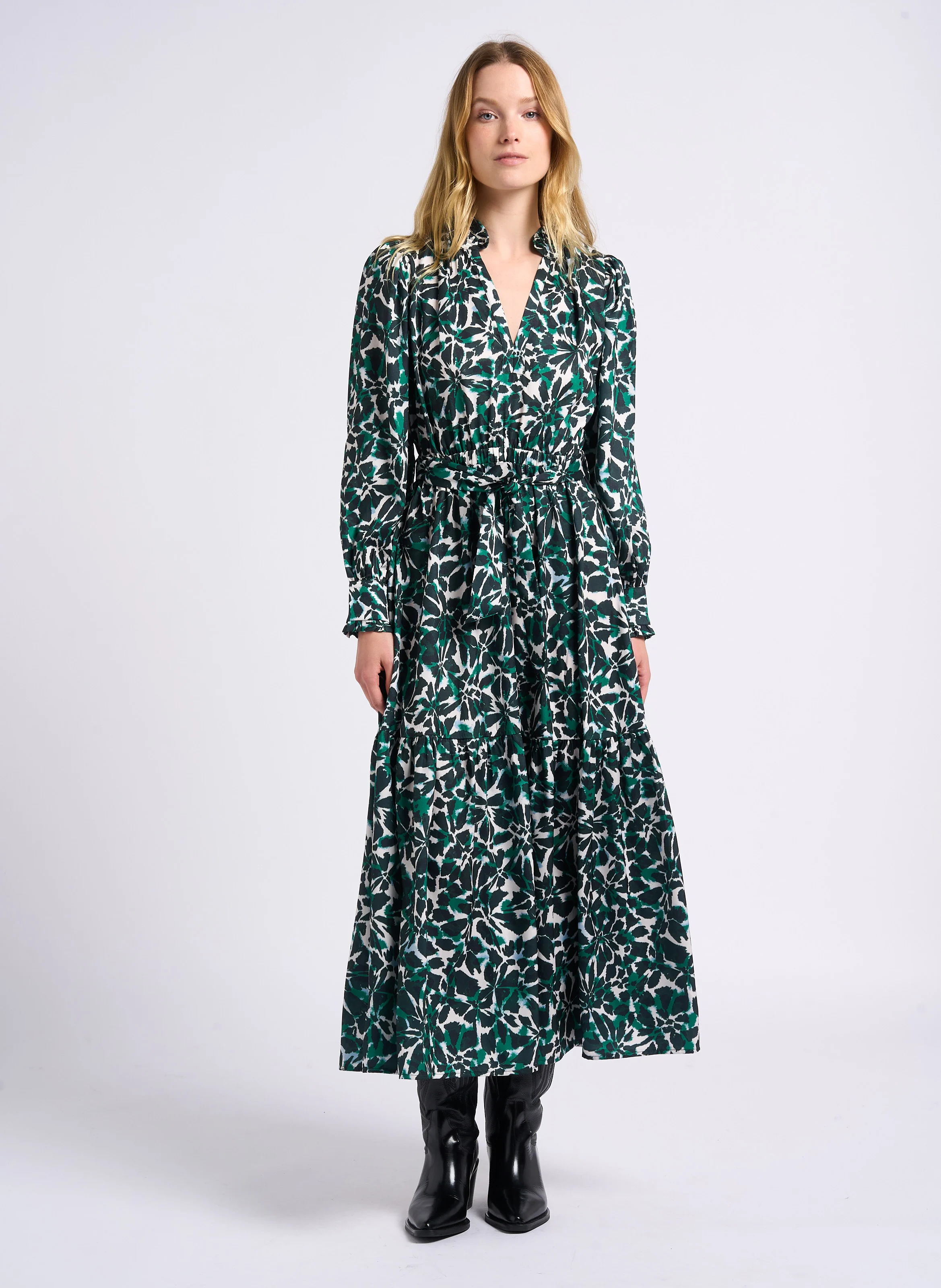 CLELIE - Robe longue col rond imprimée| Vert
