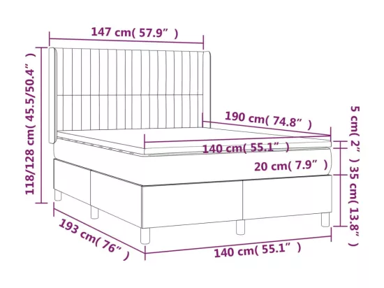 Sommier tapissier et matelas et LED Gris clair 140x190 cm Tissu