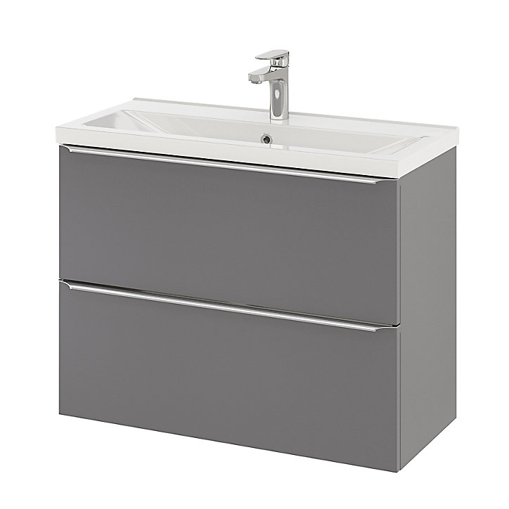 Ensemble salle de bains l.80 cm meuble à suspendre faible profondeur Imandra gris brillant + plan vasque céramique blanc