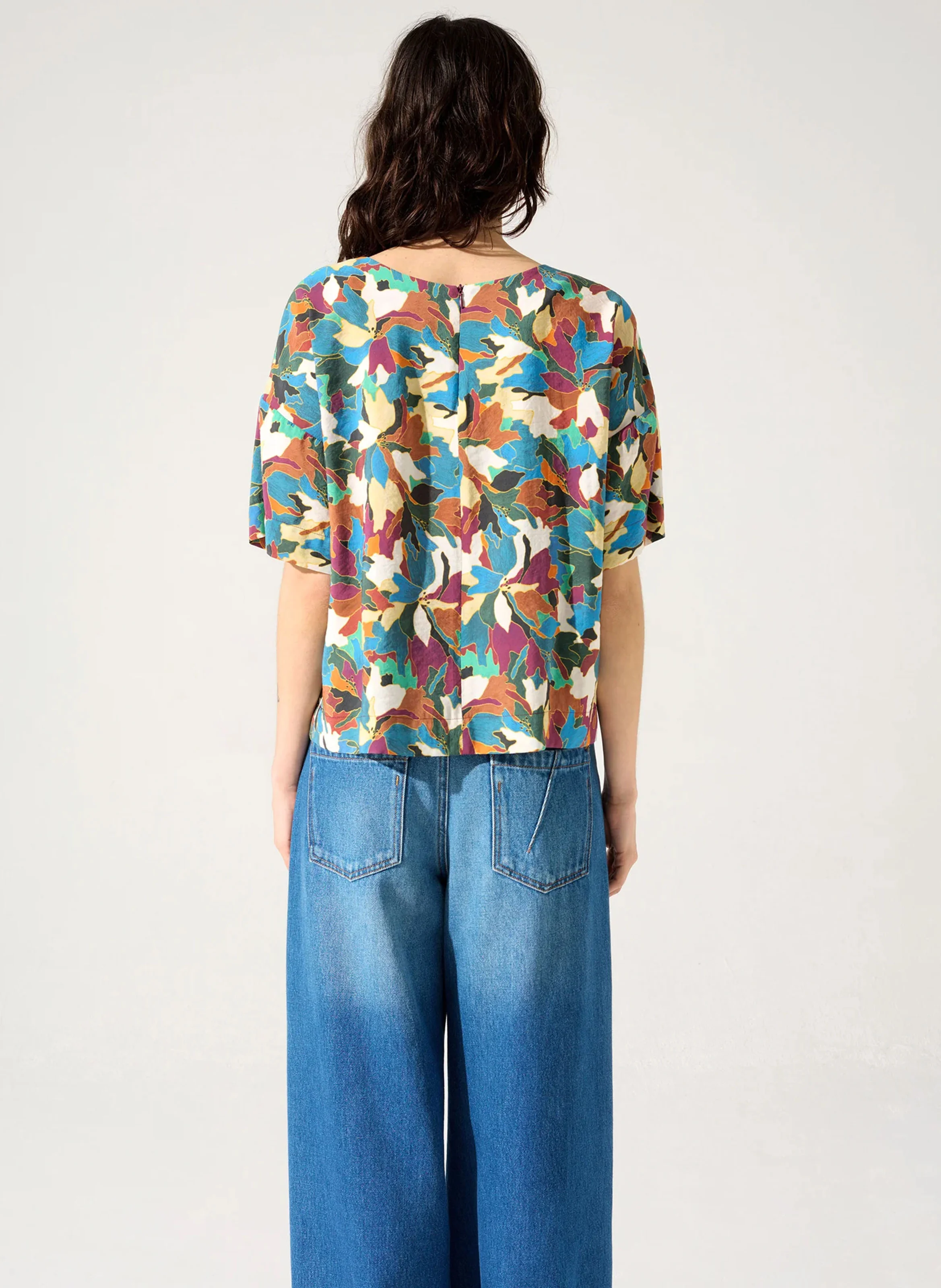 BLOOM - Blouse col rond droit imprimée | Bleu