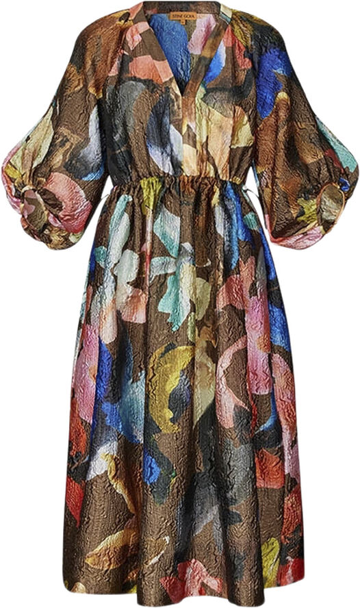 Stine Goya Three-Quarter Sleeve Elasticated Midi Dress, 2258 Crinkled T Aquarelle garden