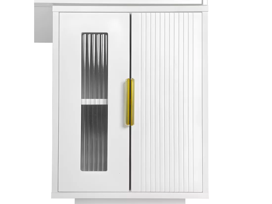 Coiffeuse avec miroir et éclairage LED - 2 tiroirs et une armoire amovible - Blanc (tabouret non inclus)