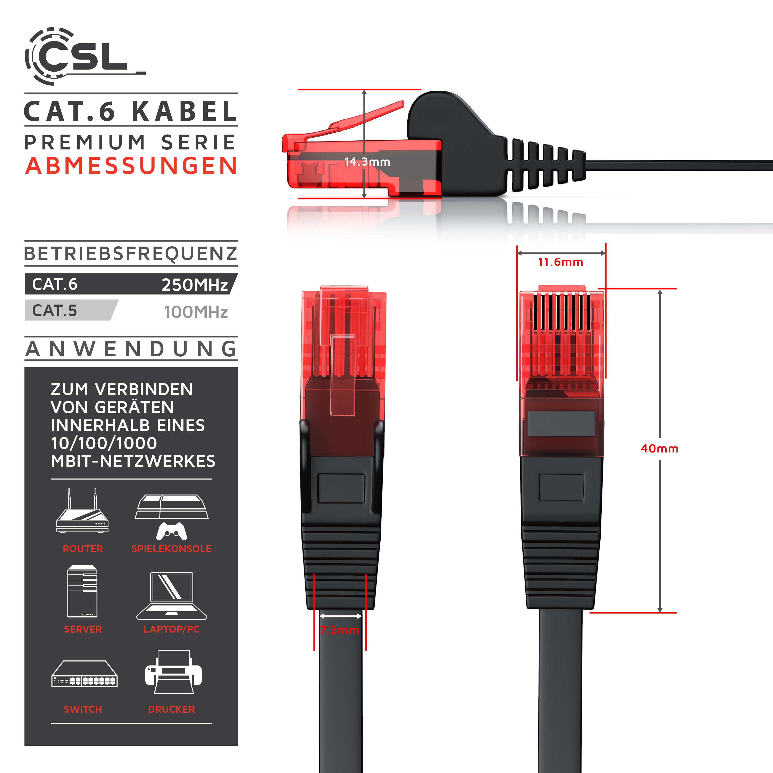 CSL Cat 6 Flachband LAN Kabel - mehrfach geschirmt - UTP Gigabit - 1000 Mbit/s - Patchkabel Flachkabel - Netzwerkkabel - 1m