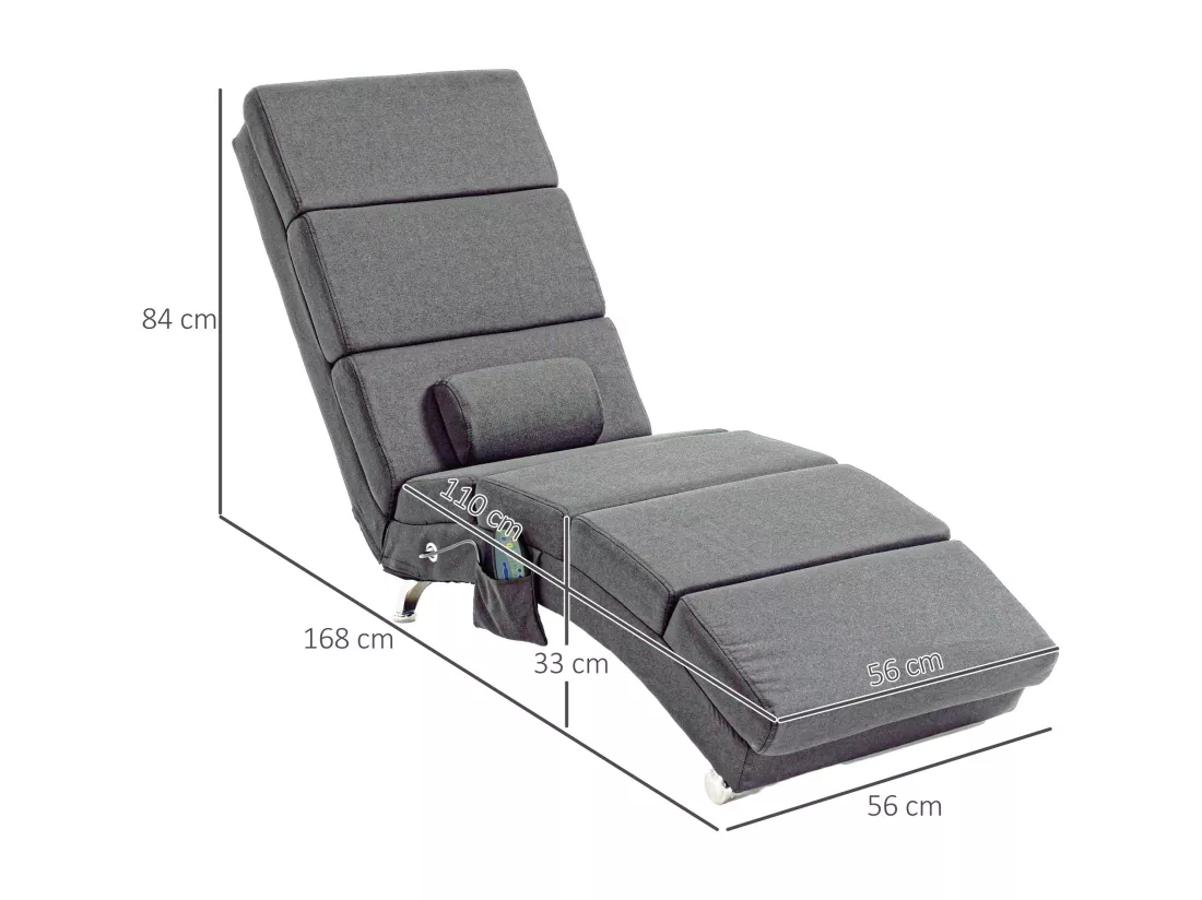 Fauteuil relax massant chauffant design contemporain - chaise longue d'intérieur - piètement métal chromé tissu gris