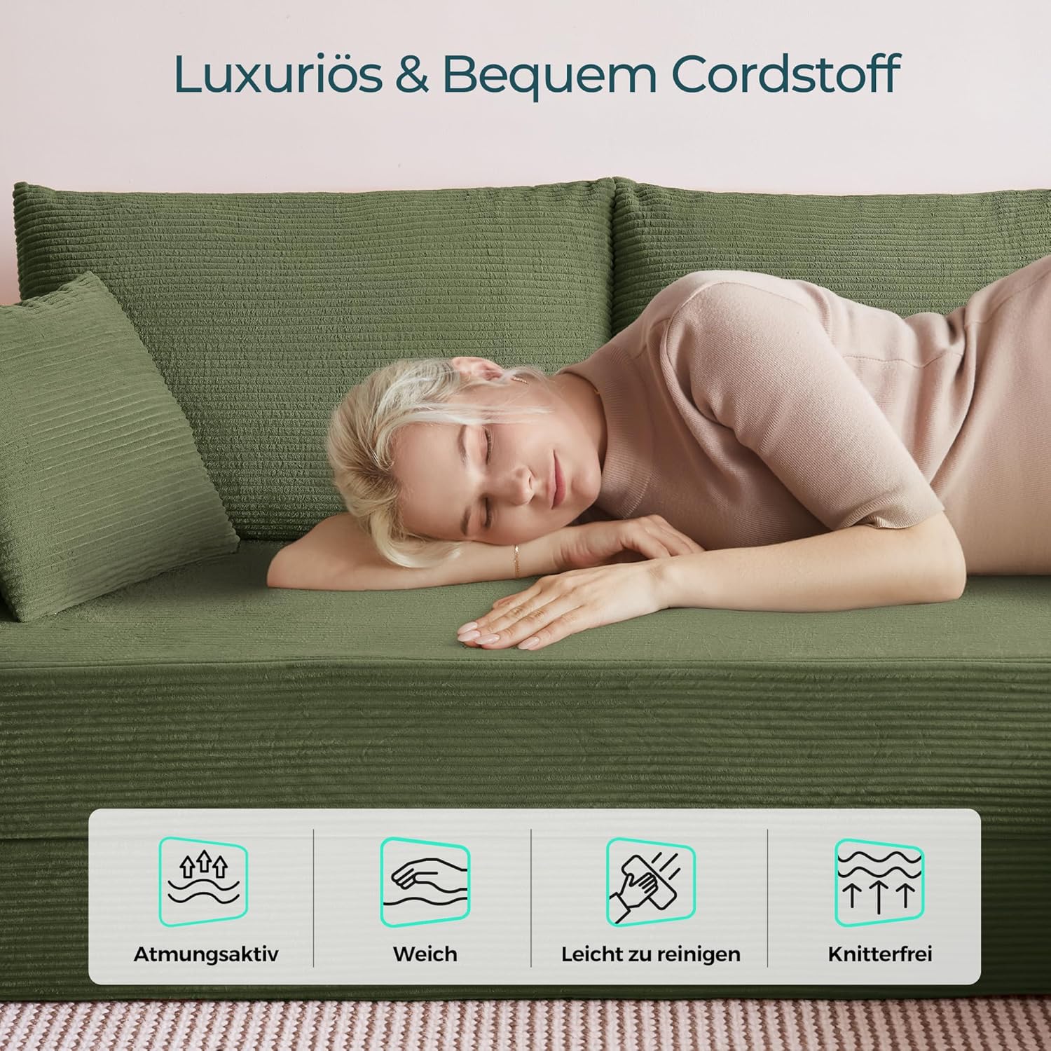 LINSY HOME Ecksofa mit Schlaffunktion - Bodensofa Bed mit Pillow Back Support Armrest - Schlafsofa Klappbar - Compressed Sofa in Box - Cord Stoff für Wohnzimmer Schlafzimmer (Grün)