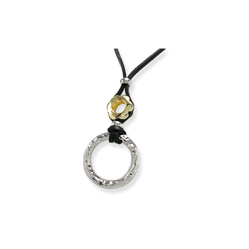 Collier Cuir marron et Cercles en Acier Argent et Or